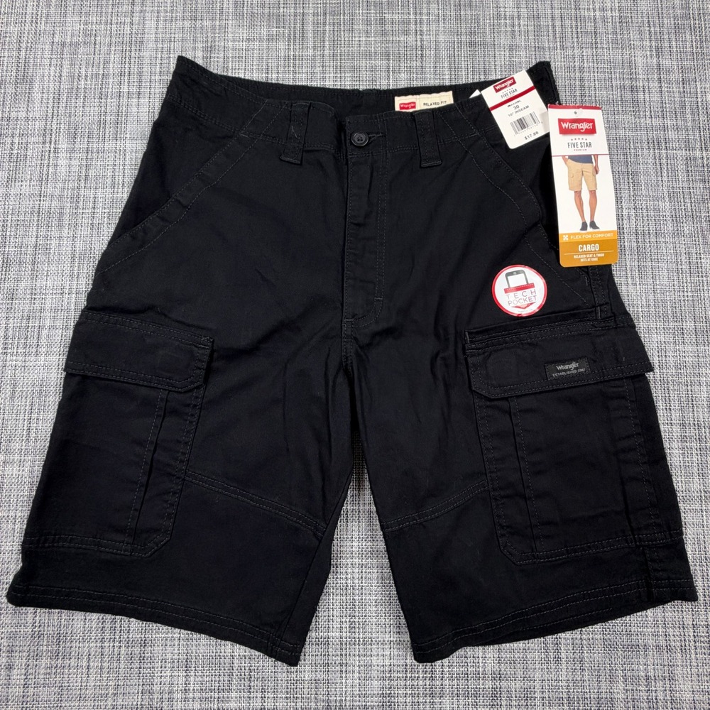 Wrangler Mens Cargo Shorts 30 Black Relaxed Fit Stretch Cotton Tech Pocket NWT
